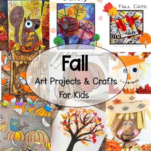 Fall art projects and crafts for kids include scarecrows, fall trees, fox, squirrel and fall cats.