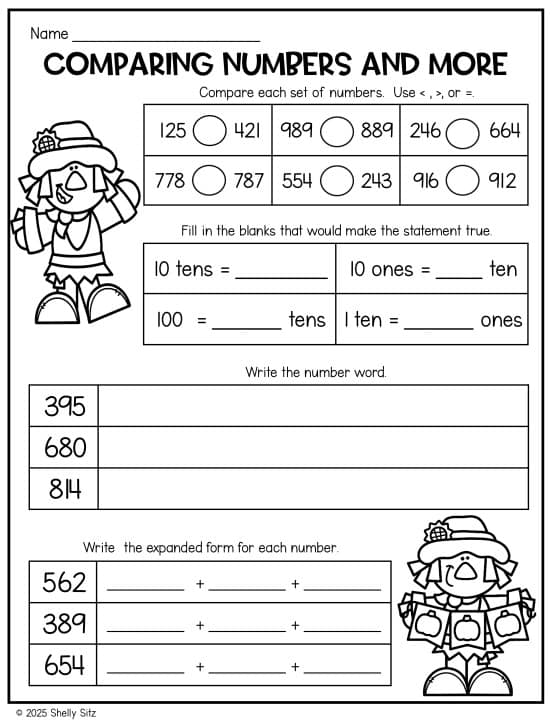 Free fall place value worksheet for 2nd grade. Students compare numbers, write number words, and expanded form.