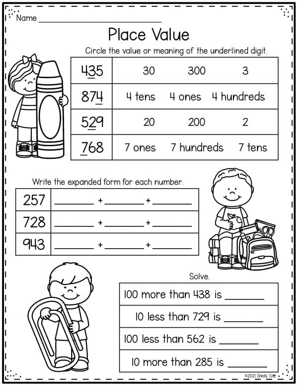 2nd grade place value worksheet with digit value, expanded form, and 10 more, 10 less, 100 more, and 100 less practice.