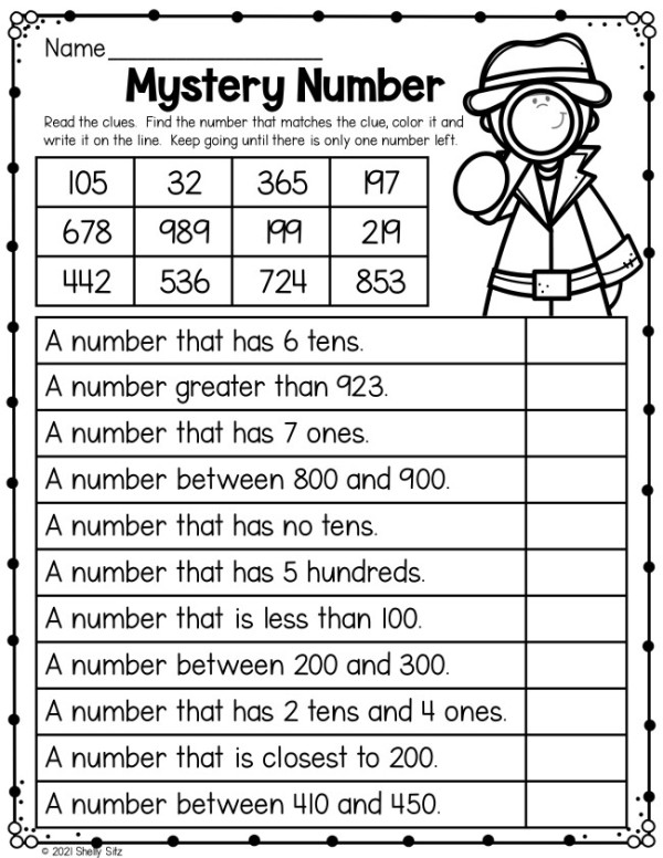 Free mystery number worksheet for 2nd grade with place value and number sense clues.