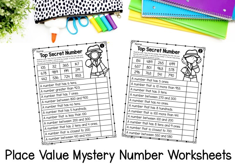 Place value mystery number worksheets for second grade